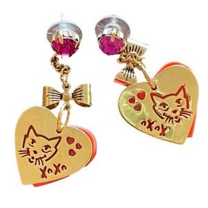Betsey Johnson Gold Orange Heart Cat Dangle Earrings Rare XOXO